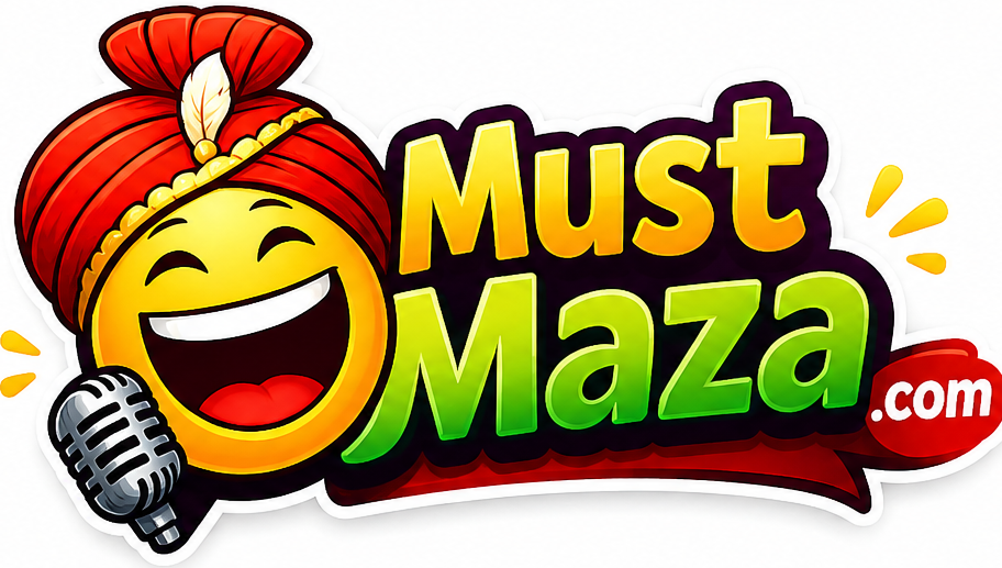 MustMaza.com logo featuring a smiling emoji mascot and colorful text representing Indian jokes, humor, entertainment, and fun content.